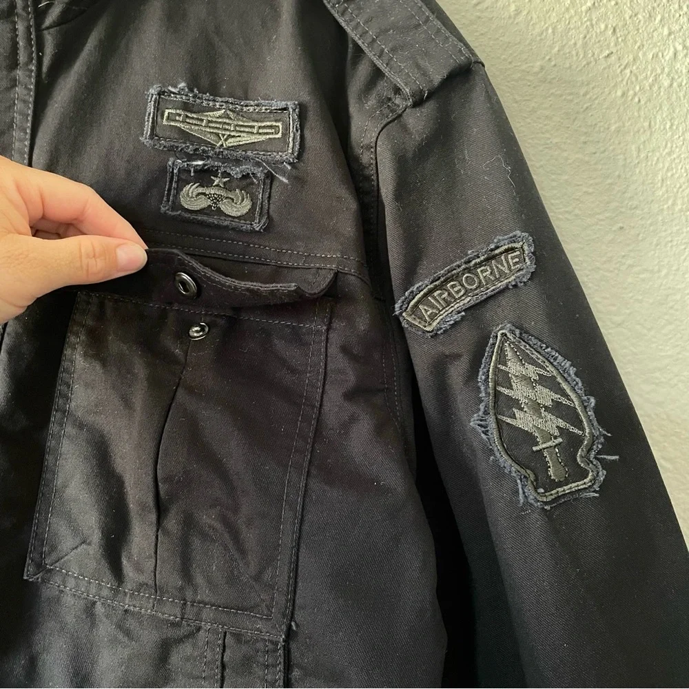 Men’s Utility Bomber Jacket L Black Airborne Zip Up Button Moto Metal Grunge EUC - Picture 7 of 16